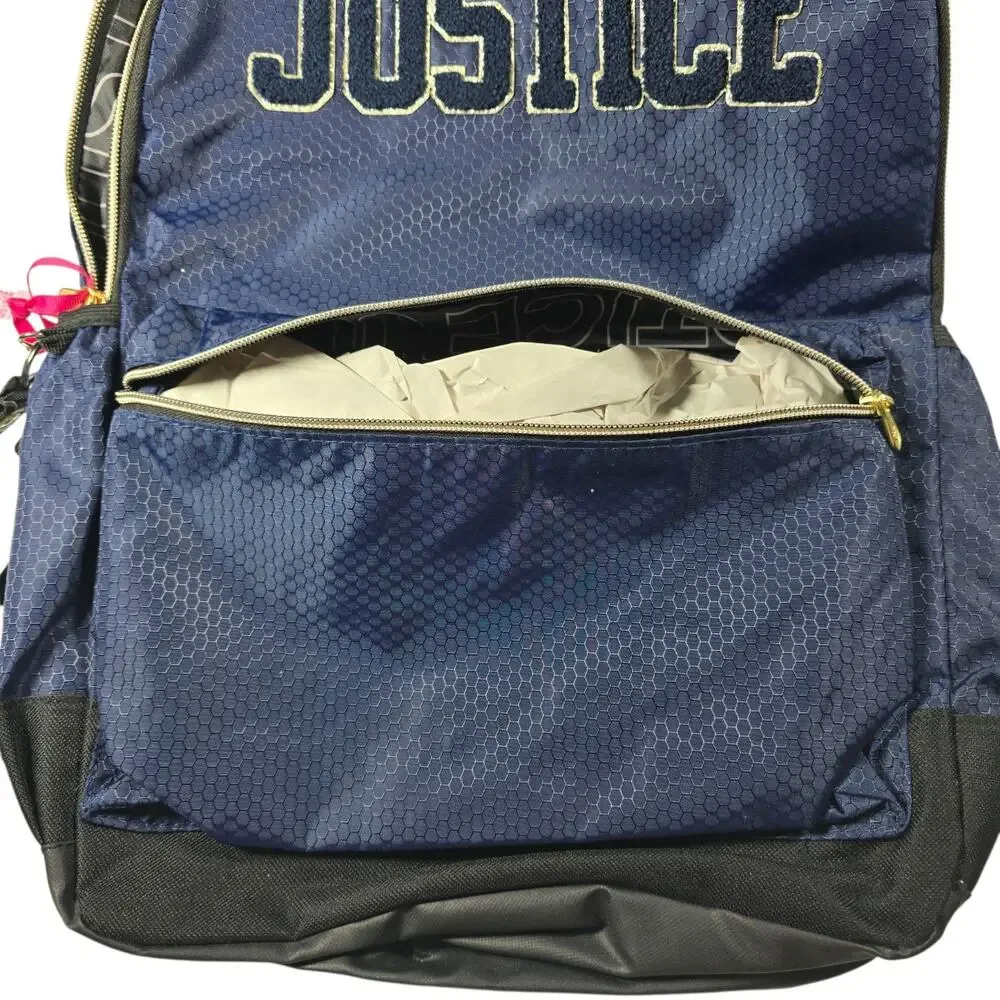 NWT Justice Girls 17” Backpack with Lanyard - Navy Blue Gold, Back to School